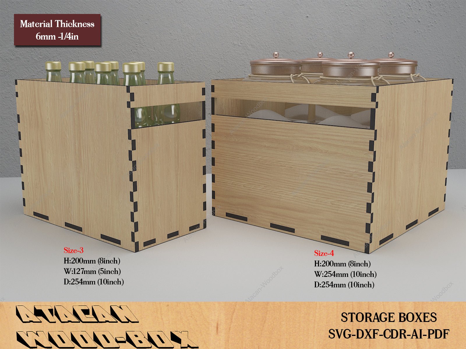Kitchen Storage Boxes / Cupboard Organise Stackable Boxes / Wood Laser Cut Box / Glowforge Box Vector Files SVG DXF Ai CDR 389