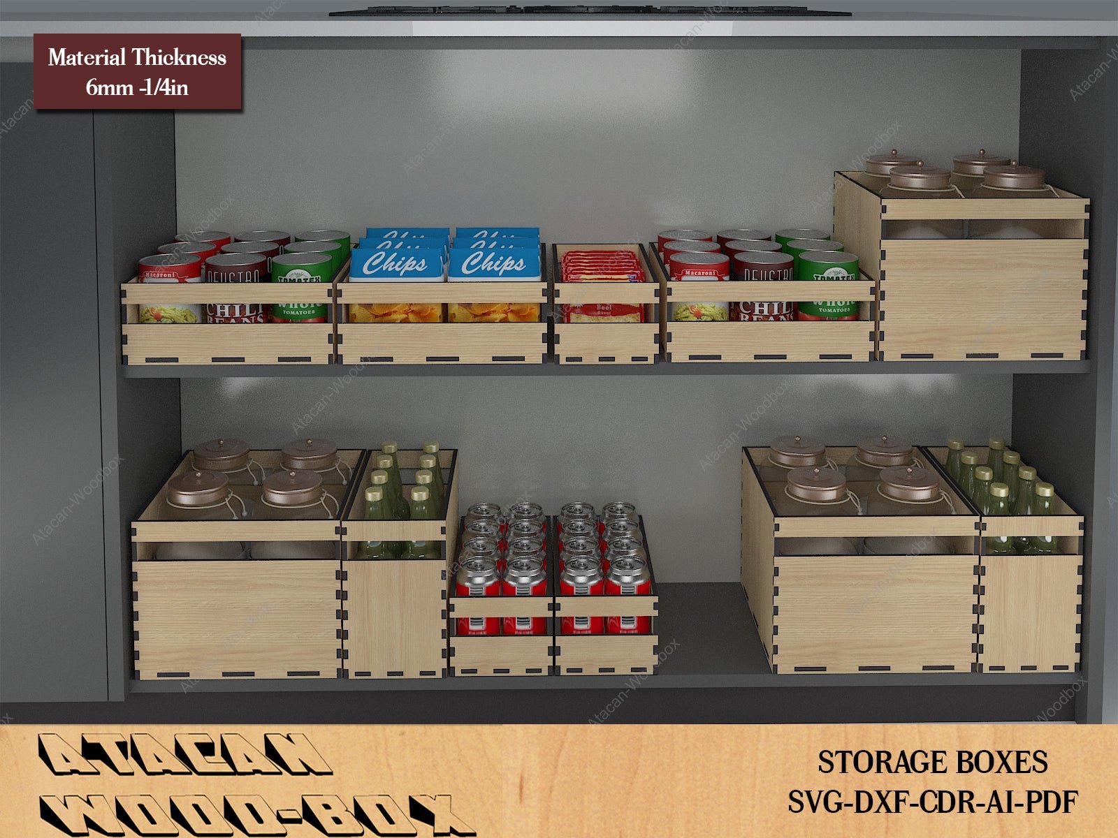 Kitchen Storage Boxes / Cupboard Organise Stackable Boxes / Wood Laser Cut Box / Glowforge Box Vector Files SVG DXF Ai CDR 389