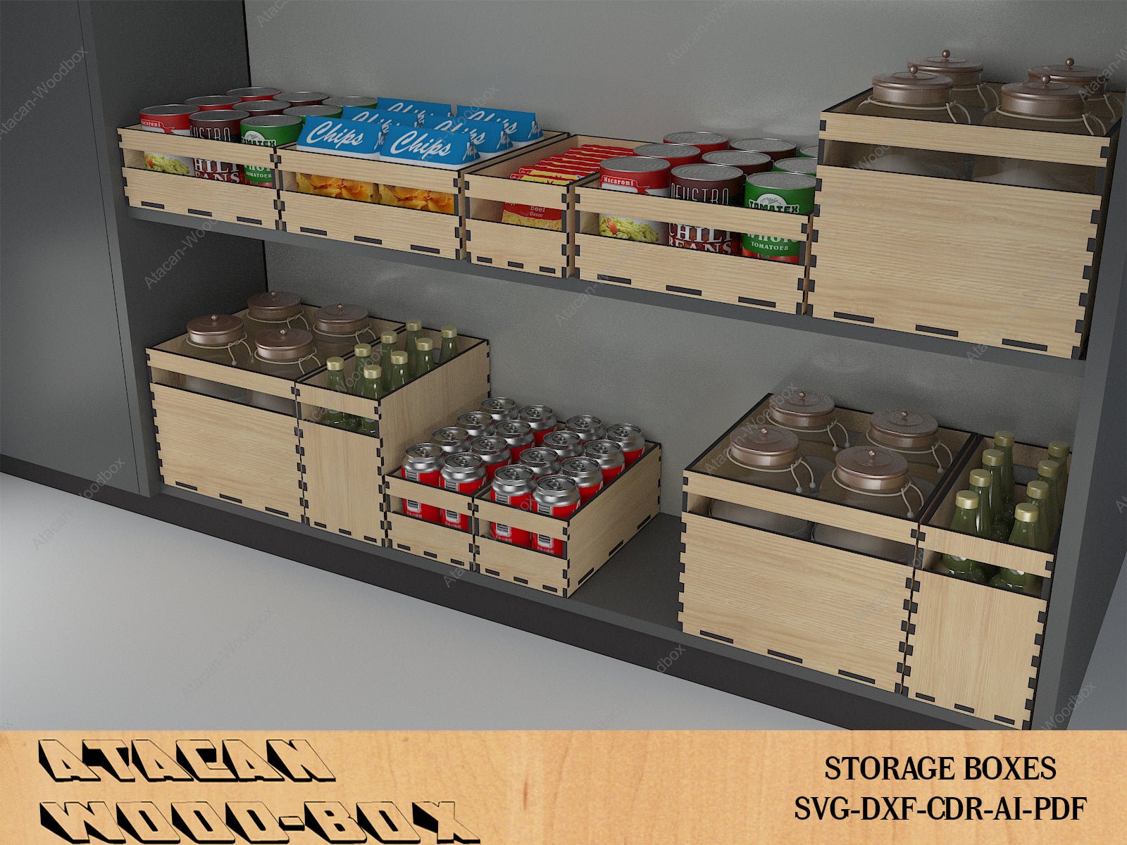 Kitchen Storage Boxes / Cupboard Organise Stackable Boxes / Wood Laser Cut Box / Glowforge Box Vector Files SVG DXF Ai CDR 389