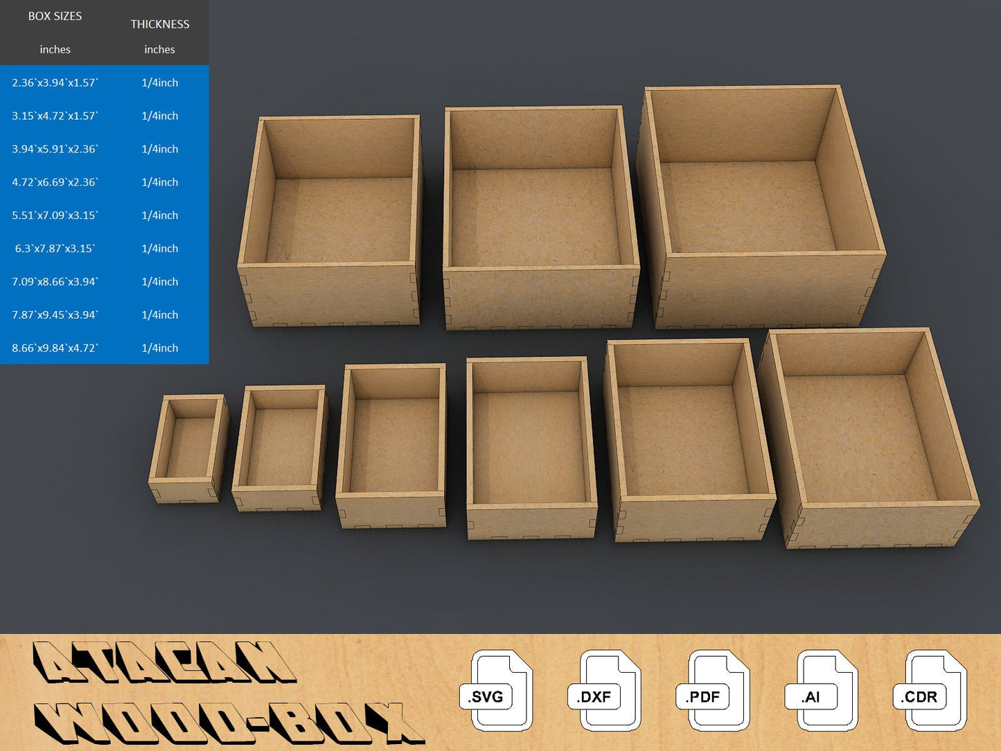 Laser Box Cut Templates for 1/4 inch Materials / Glowforge, Gweike, OmTech,CO2laser cut files 054