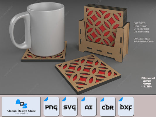 Laser Cut Coaster and Stand / Drink Coasters Holder / Box and Patterns Vector Files SVG DXF Ai CDR 361