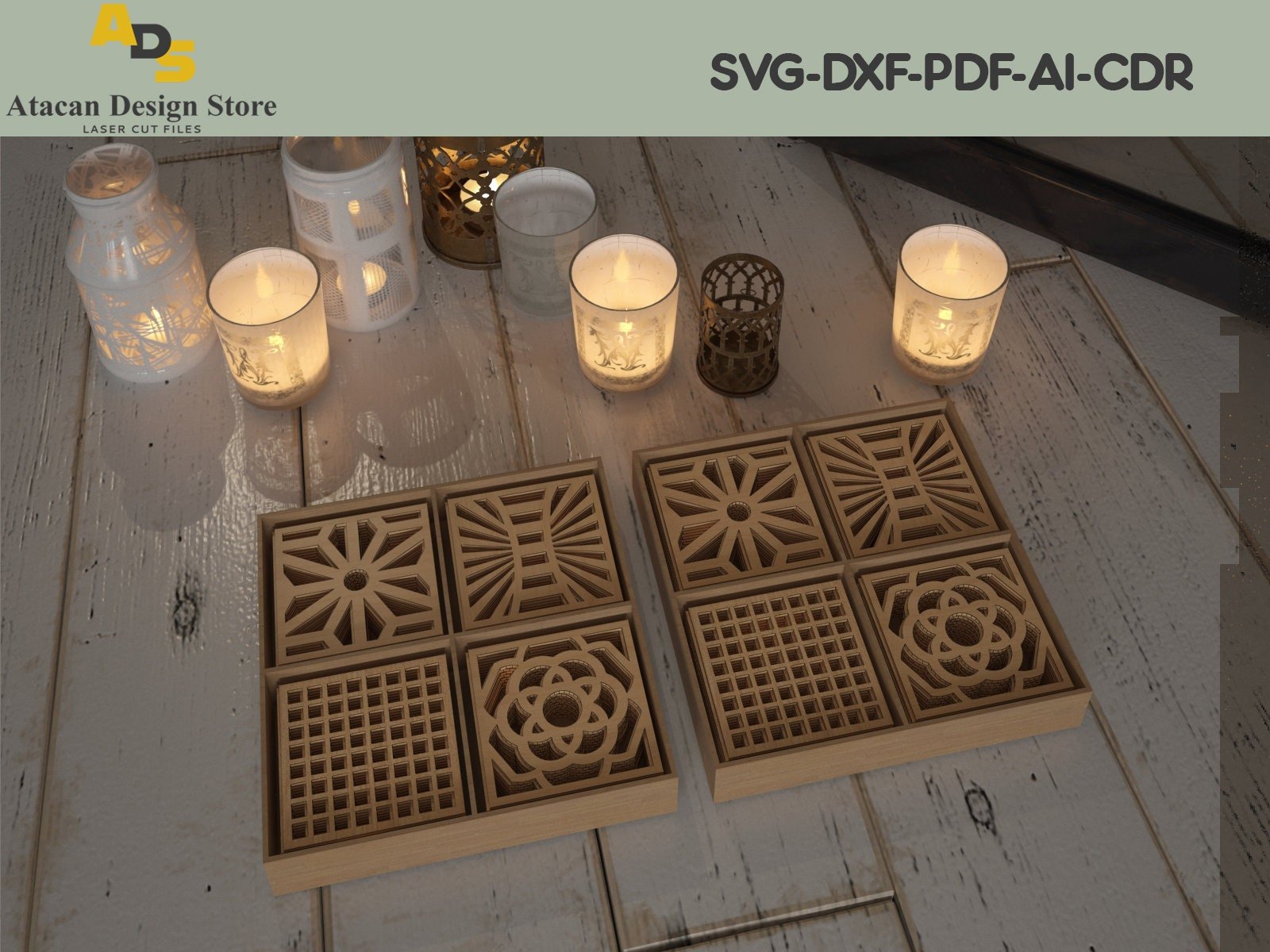 Laser cut Coaster Set With Box / Coaster Holder Stand / Glowforge Coasters ADS208