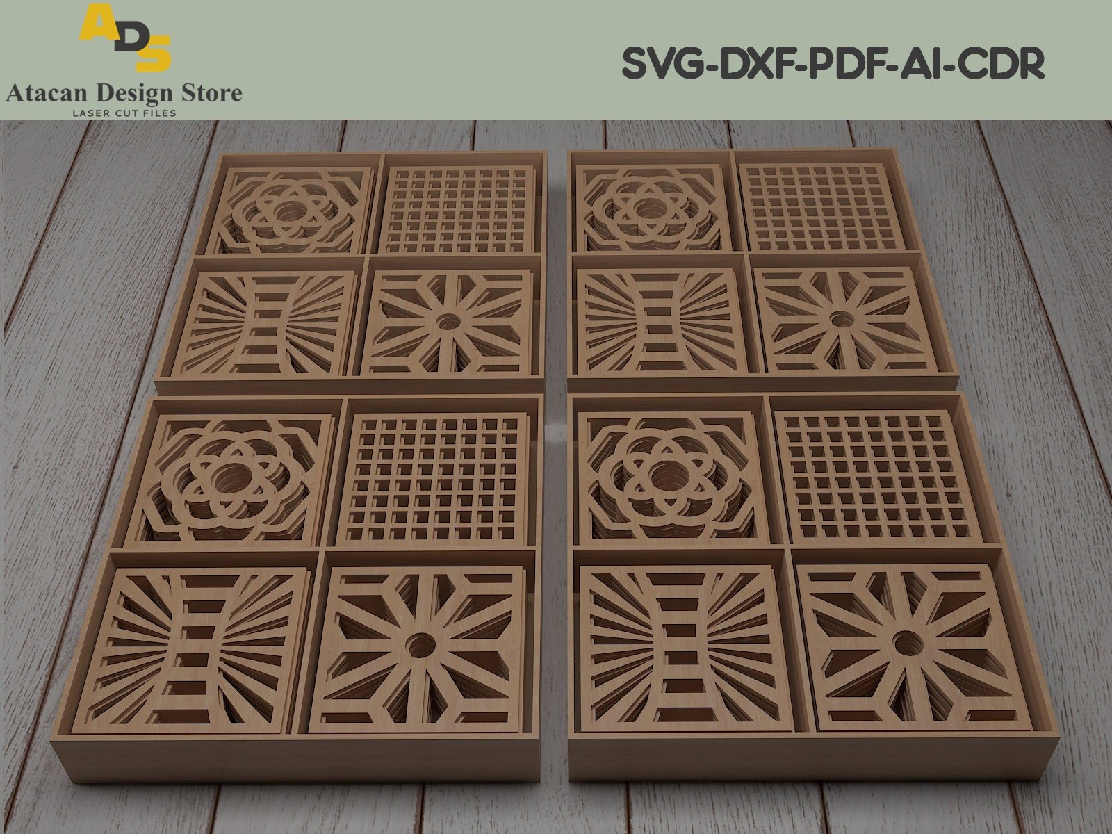 Laser cut Coaster Set With Box / Coaster Holder Stand / Glowforge Coasters ADS208