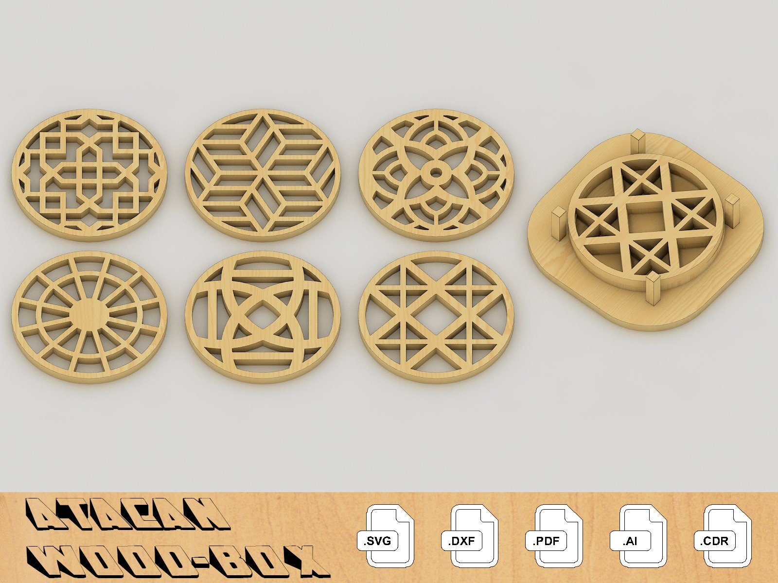 Laser Cut Desk Accessories Set Document Tray, Pencil Holder, Coasters, Business Card Holder, Vector Glowforge SVG Download 070