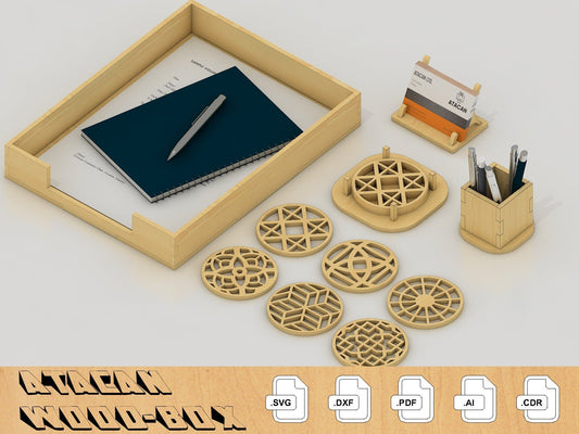 Laser Cut Desk Accessories Set Document Tray, Pencil Holder, Coasters, Business Card Holder, Vector Glowforge SVG Download 070