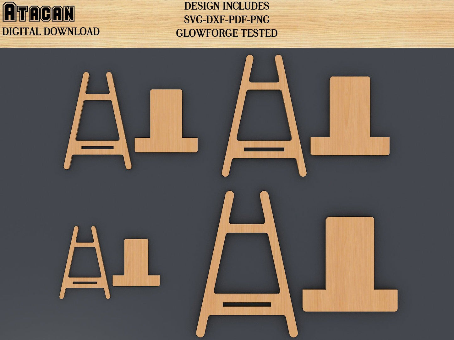 Laser cut EASEL stand Svg / Easy to use Glowforge files and laser cut files / 4 Sizes and Thickness / 363