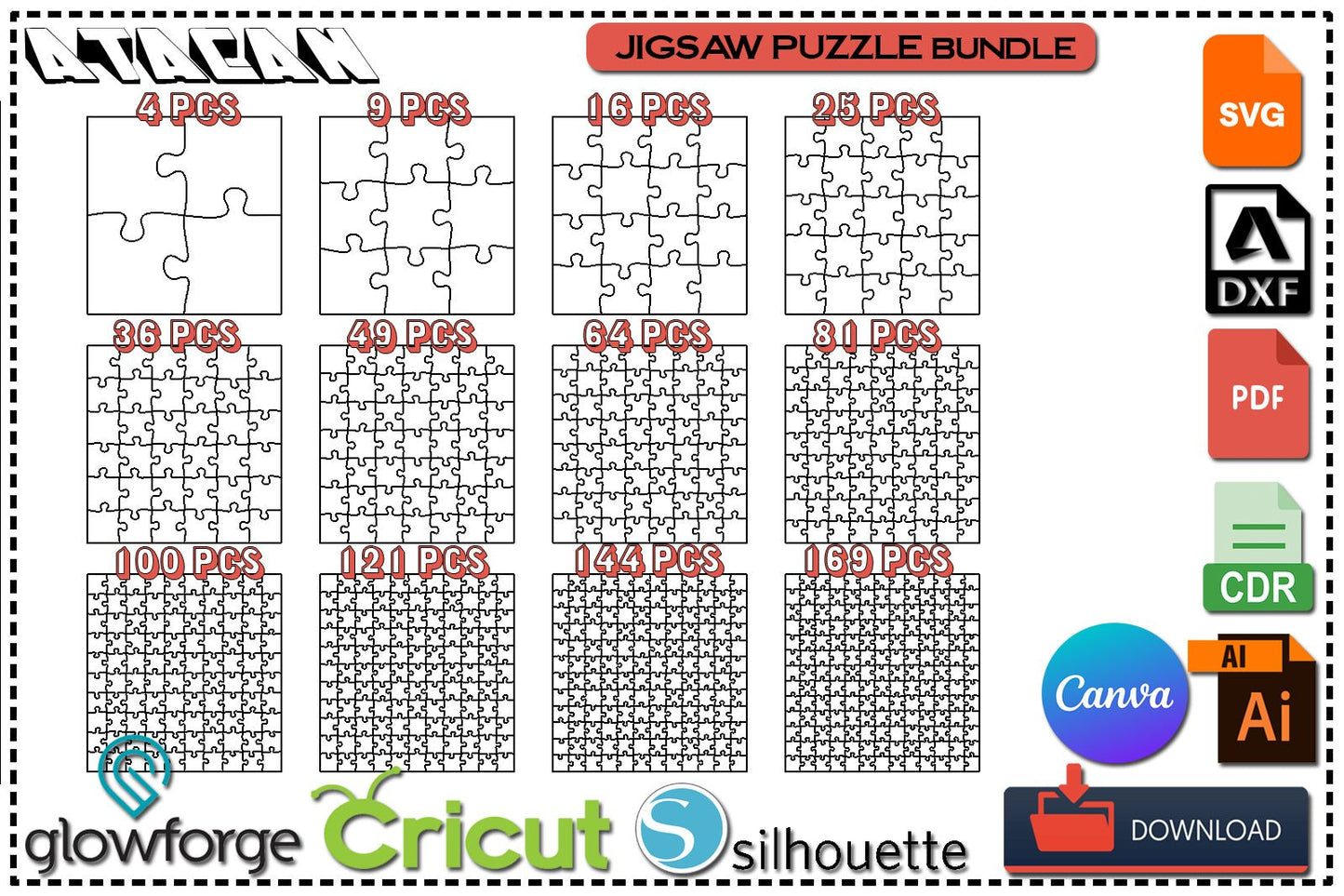 Laser Cut File Puzzle set / Puzzle Jigsaws / Jigsaw Pieces / Glowforge Cricut Puzzles SVG DXF Ai CDR 377