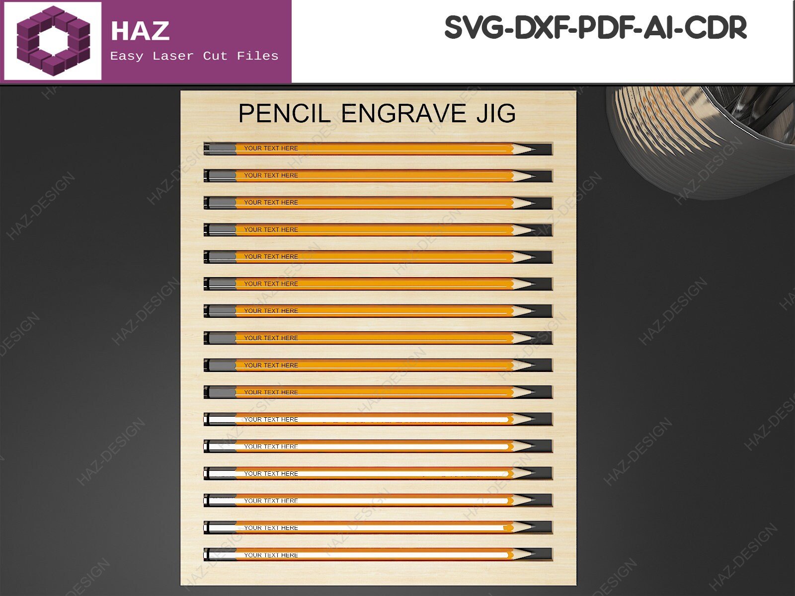 Laser Pencil Engraving Jig / Pencil Jig For Lasers / Glowforge Engraving Jig SVG DXF CDR Ai 071