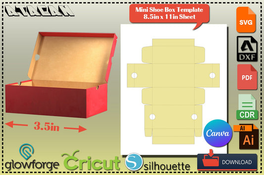 Mini Shoes Box Template / Mini Sneaker Box template / Gift Box Template / Box with Lid Vector 8.5"x11" sheet, SVG DXF Ai CDR 350