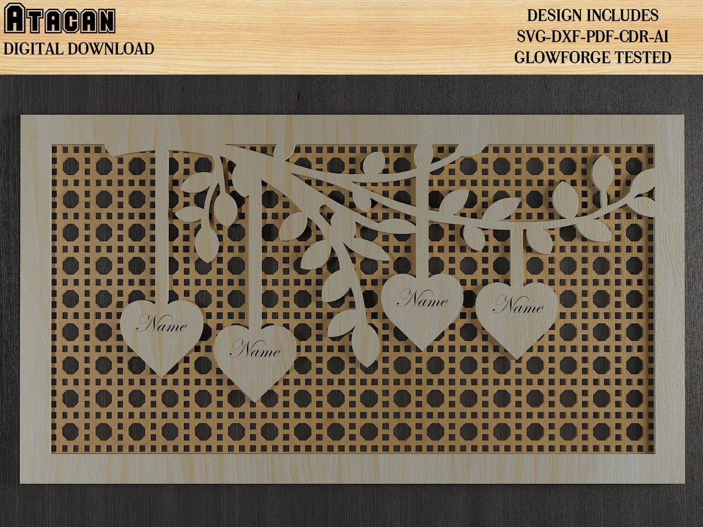 Names of Family Members on Tree Branches / Rattan Background With Frame / Names on Hearts 481