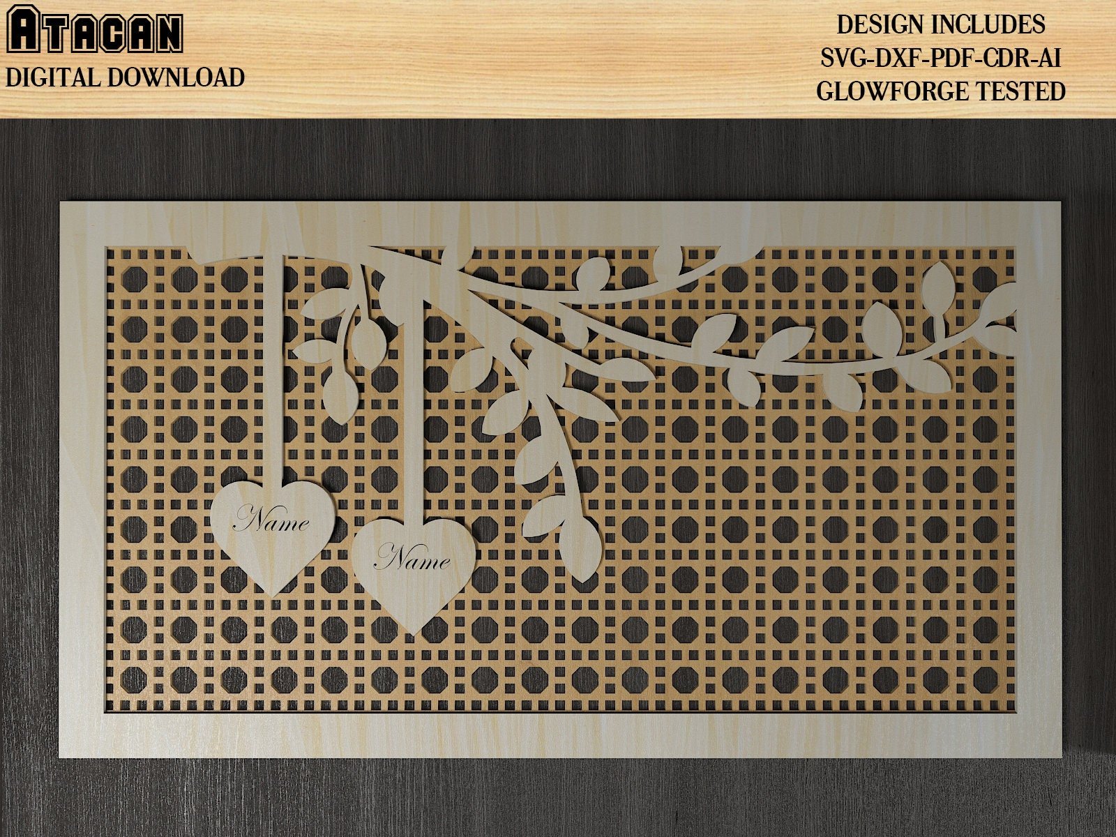 Names of Family Members on Tree Branches / Rattan Background With Frame / Names on Hearts 481