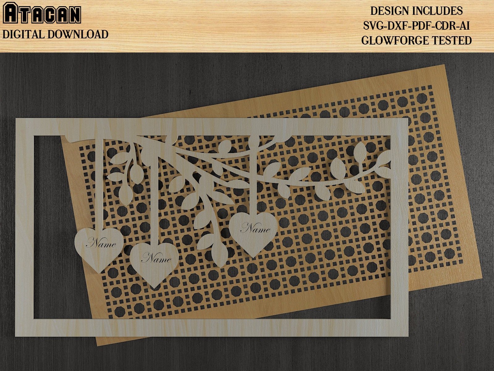 Names of Family Members on Tree Branches / Rattan Background With Frame / Names on Hearts 481