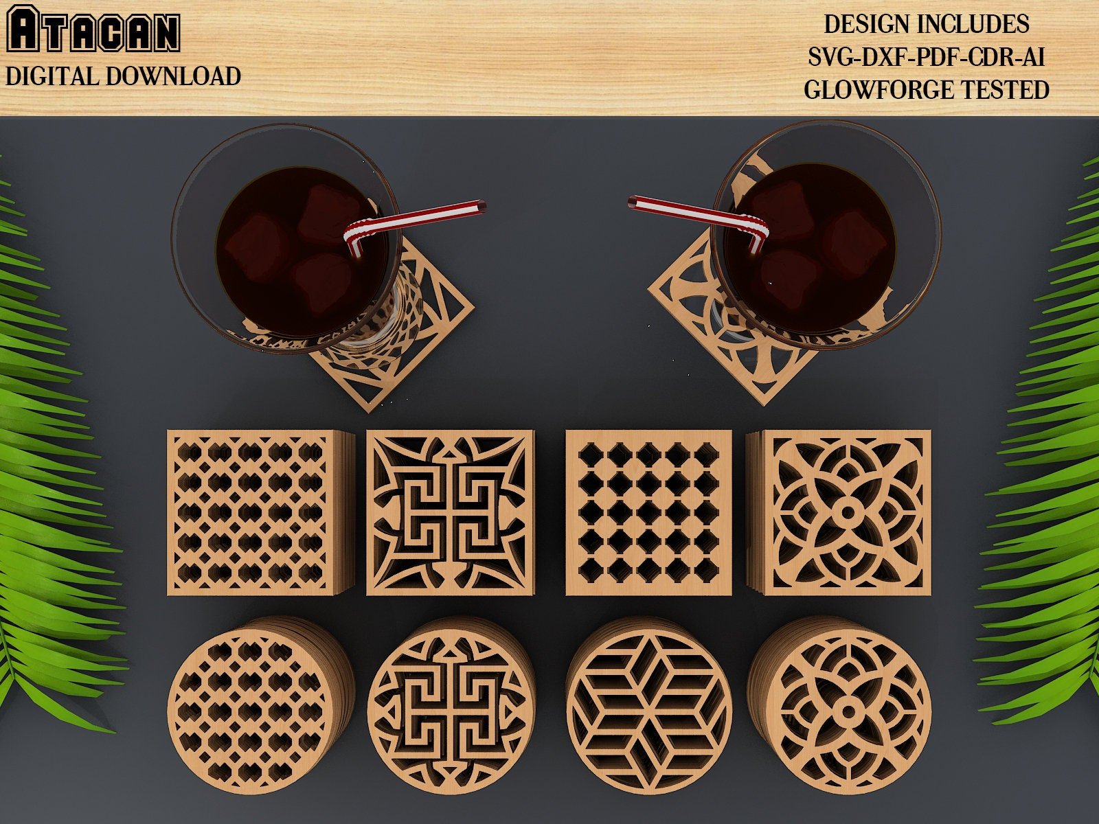 Pattern Coaster Set / Laser Cut files / CNC Router / Digital Vector Files / Instant Download Dxf, Cdr, Pdf, Svg, Ai 352