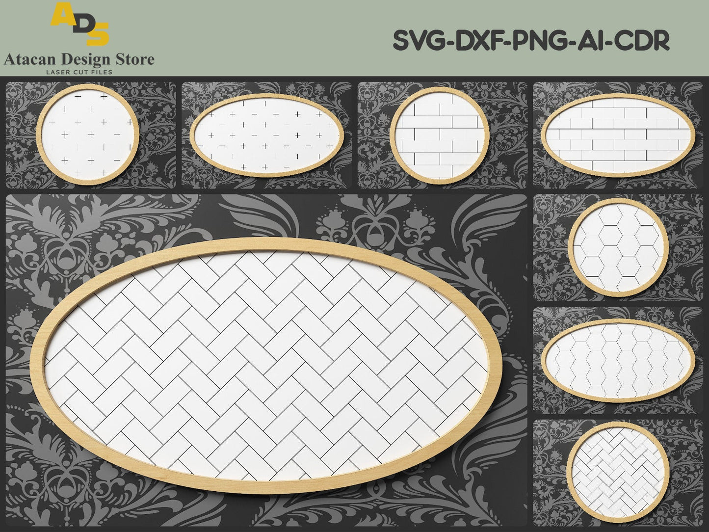 Patterns and Frame for Lightburn, Glowforge / Herringbone, Tiles, Honeycomb and Cross Pattern SVG239