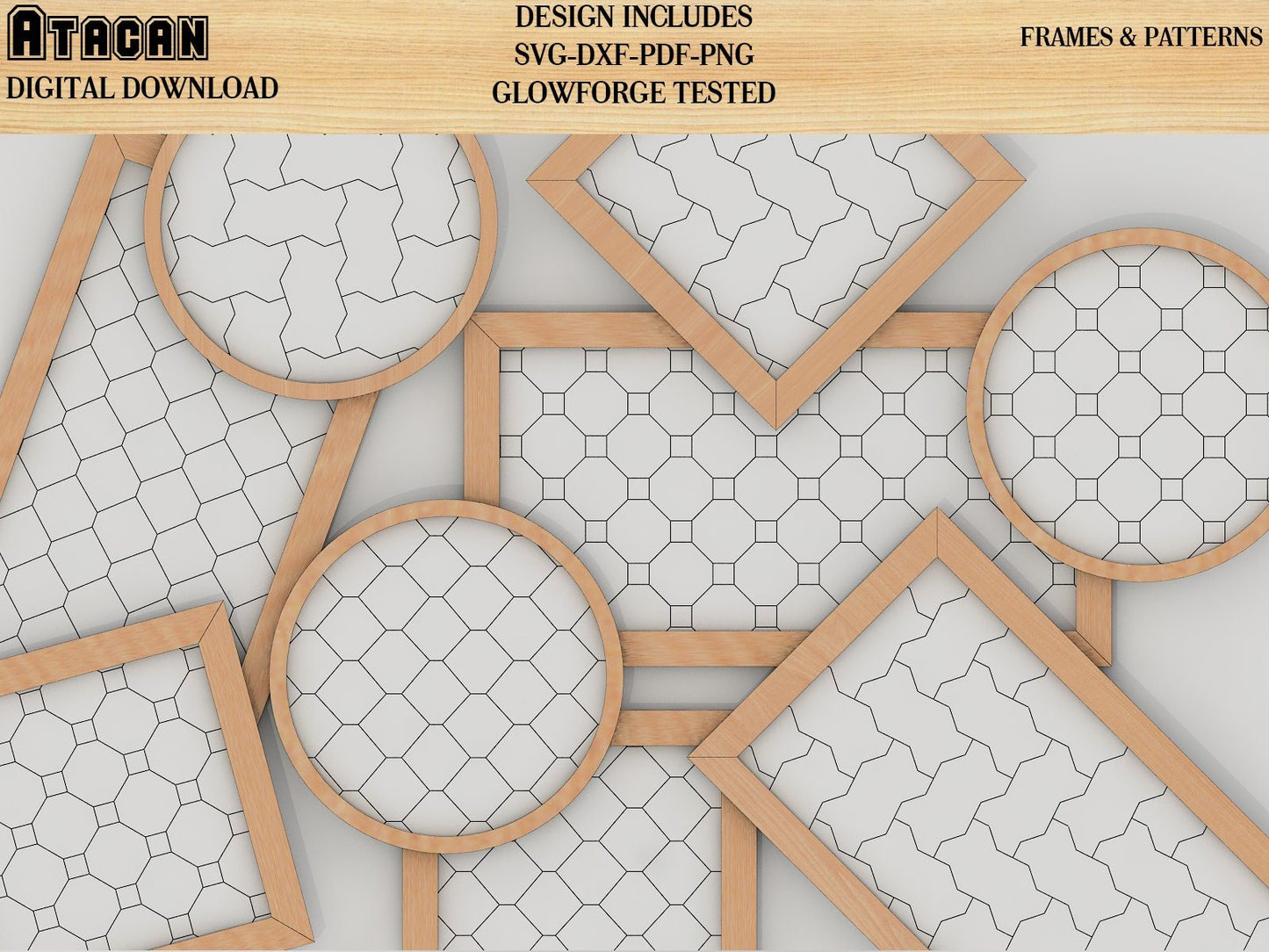 Patterns with Frame for Glowforge svg / Hexagon Square and Puzzle Pattern laser cut files 136
