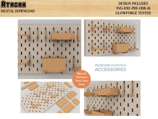 Pegboard and Accessories Laser cut SVG files - Peg board Hooks, Shelfs Digital Plans 372