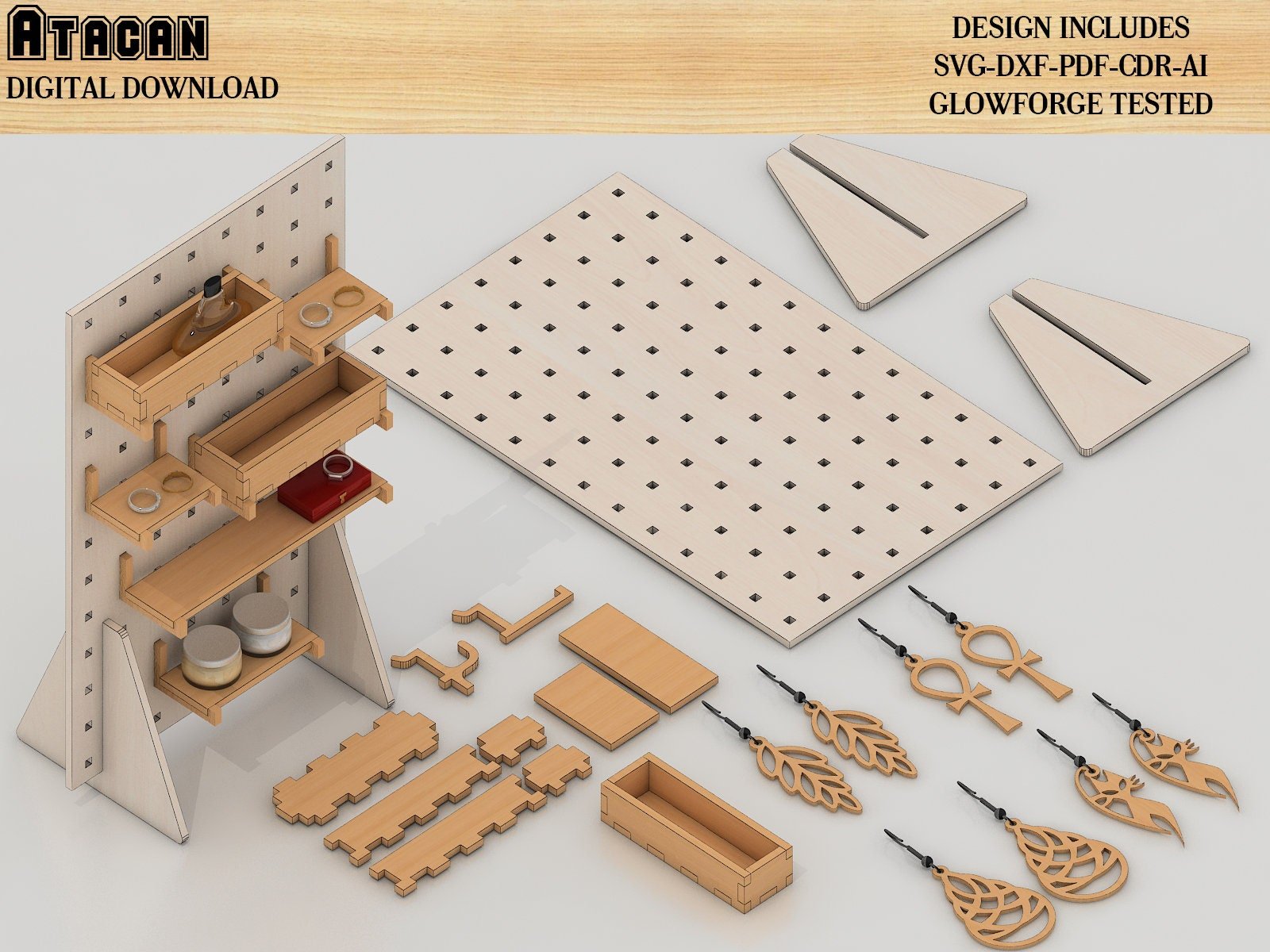 Pegboard Stand, Hooks and accessories Laser Cuting File / Glowforge SVG Digital Files 369