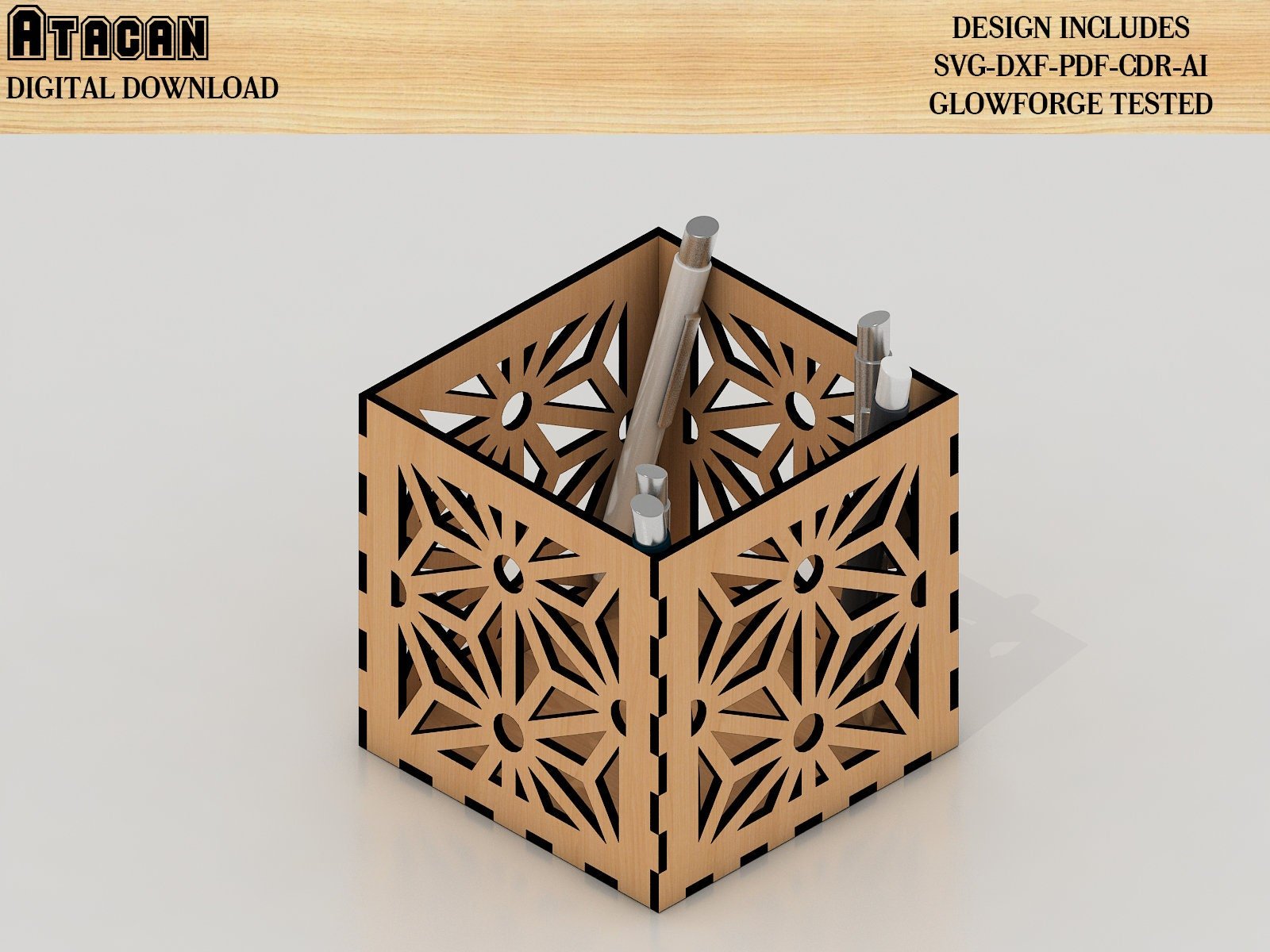 Pen Holder laser cut SVG files / Pen Box SVG Laser cut files / Glowforge laser cut plan 323