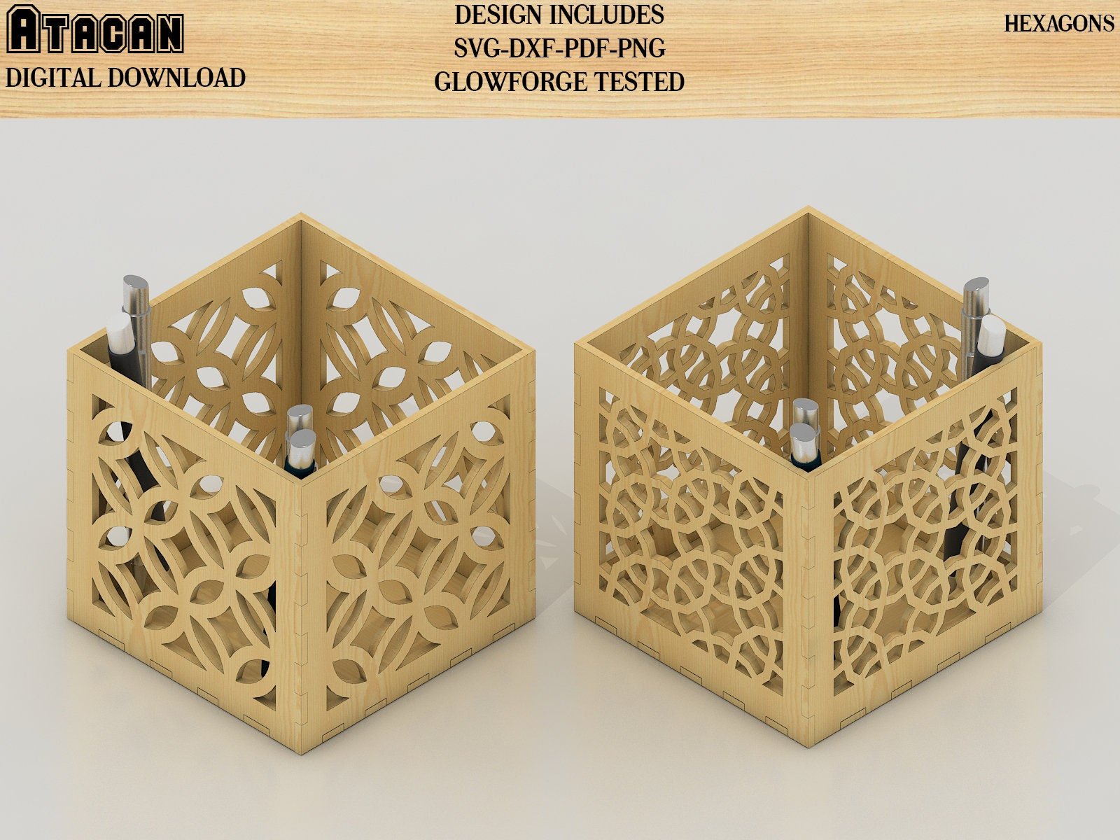 Pen Holder / Pen Organiser / Carved Box Glowforge Cutting Template 328