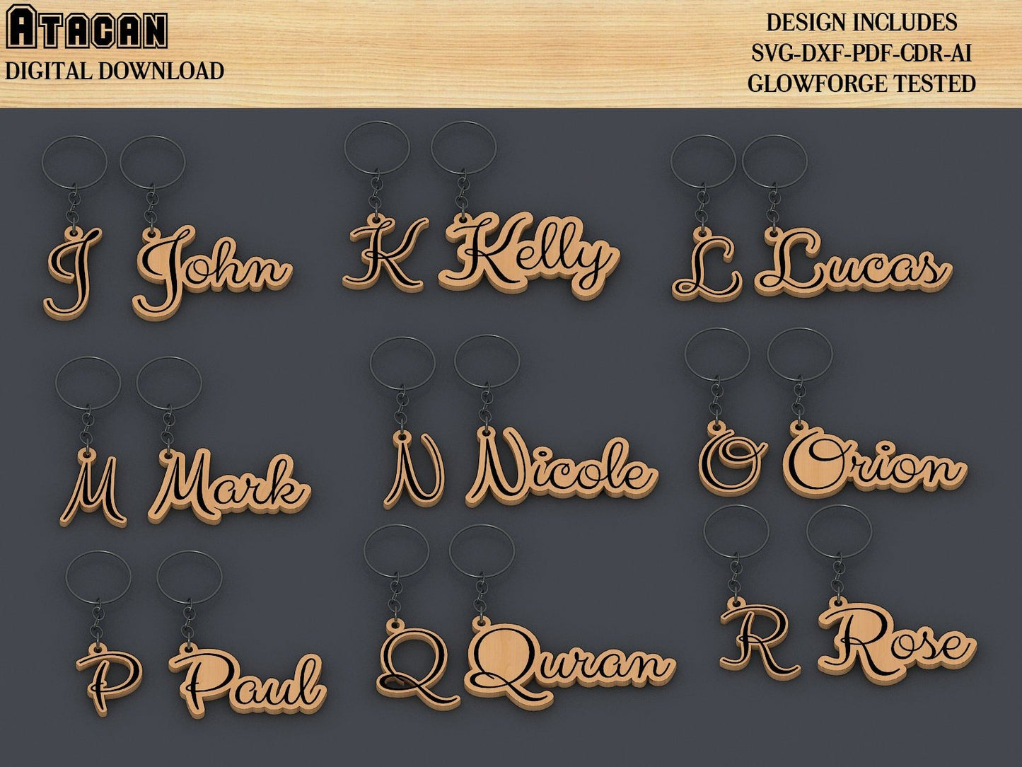 Personalised Name made key chain, necklace, jewelry designs / Letter Glowforge Laser cut SVG files / Cricut Digital Files 381