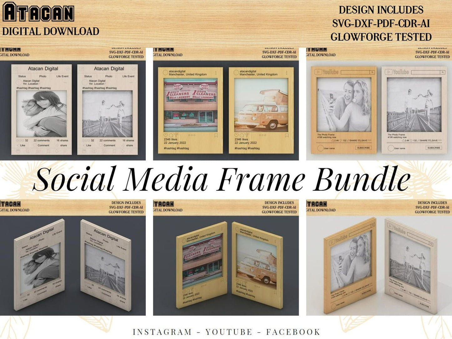 Personalized Social Media Frame Poster Board Prop / Selfie Frame svg for glowforge / Facebook, Youtube, instagram frame Laser cut files 438