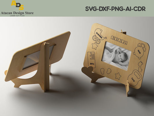 Photo frame and Easel Stand / Child metrica / Baby Announcement / Birth Details Laser cut files SVG236