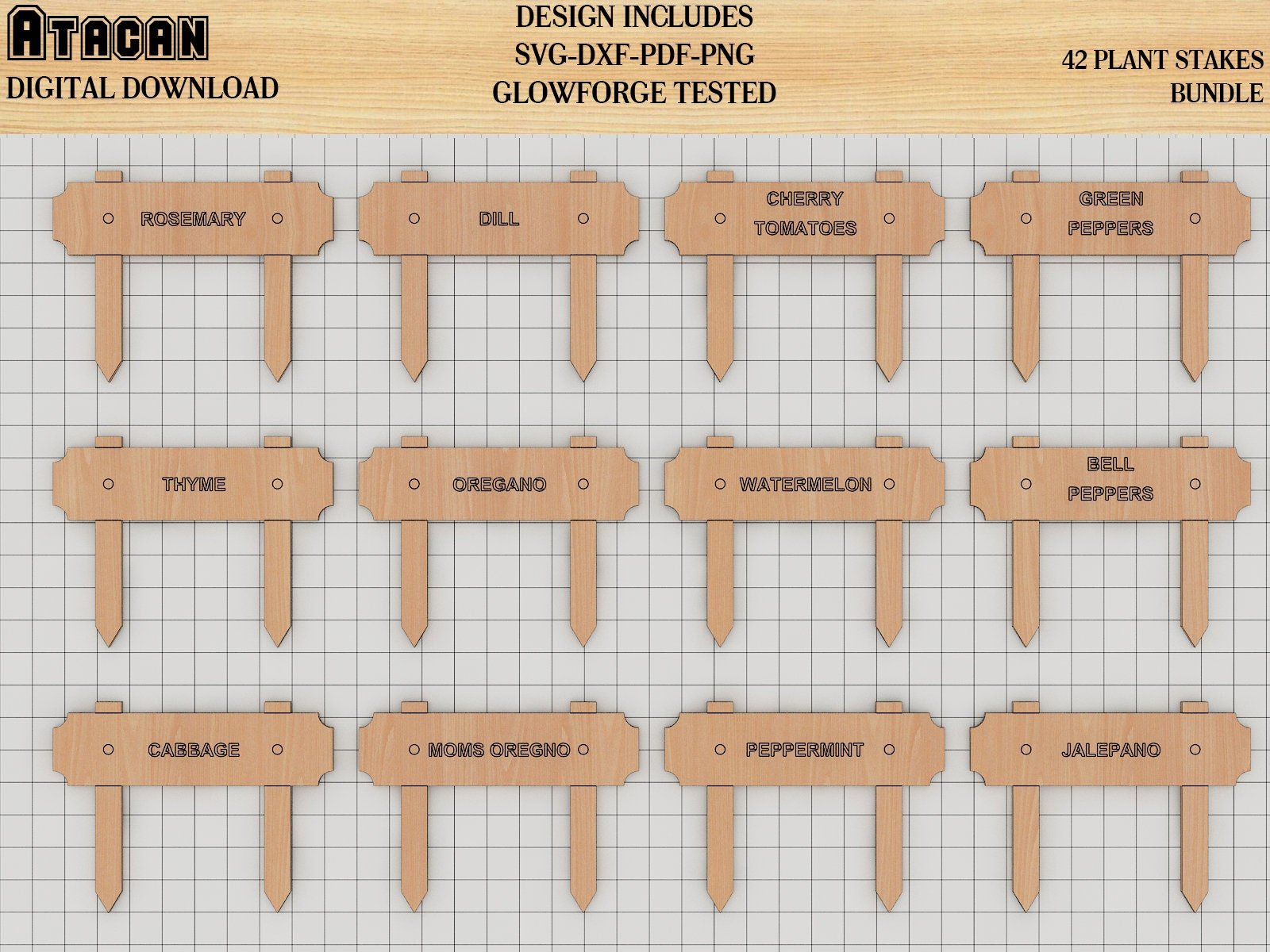 Plant marker SVG laser cut files, Plant Stakes Bundle, Garden Markers Glowforge Templated 246
