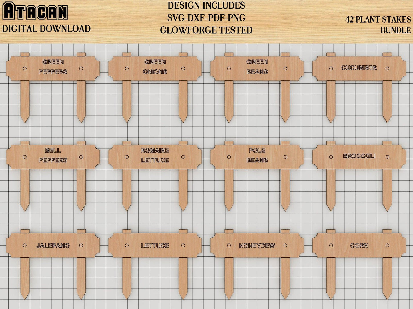 Plant marker SVG laser cut files, Plant Stakes Bundle, Garden Markers Glowforge Templated 246