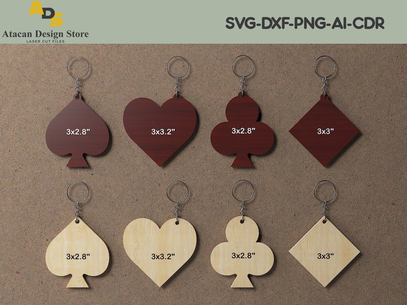 Play Card Keyrings Set / Personalised Wood Keyrings / Glowforge Svg Dxf Cdr files 256