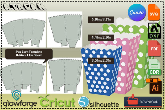 Popcorn Box Template / Popcorn box bundle / Custom Box Party Favors / Popcorn Bucket / Popcorn Boxes for Cricut / Canva SVG DXF Ai CDR 358