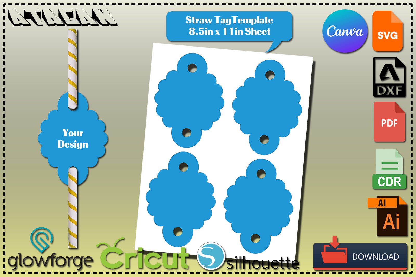 Printable Straw or Pencil Tags Template / Editable Straw Flags / Ellipse Straw Labels / Straw Tag Vectors SVG DXF Ai CDR 374