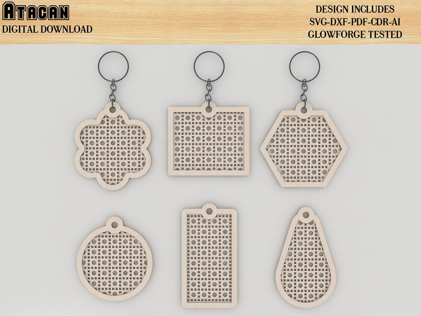 Rattan cane Keychain Designs / Rattan Patterned Keychain Laser cut Svg files / Glowforge Key files 408