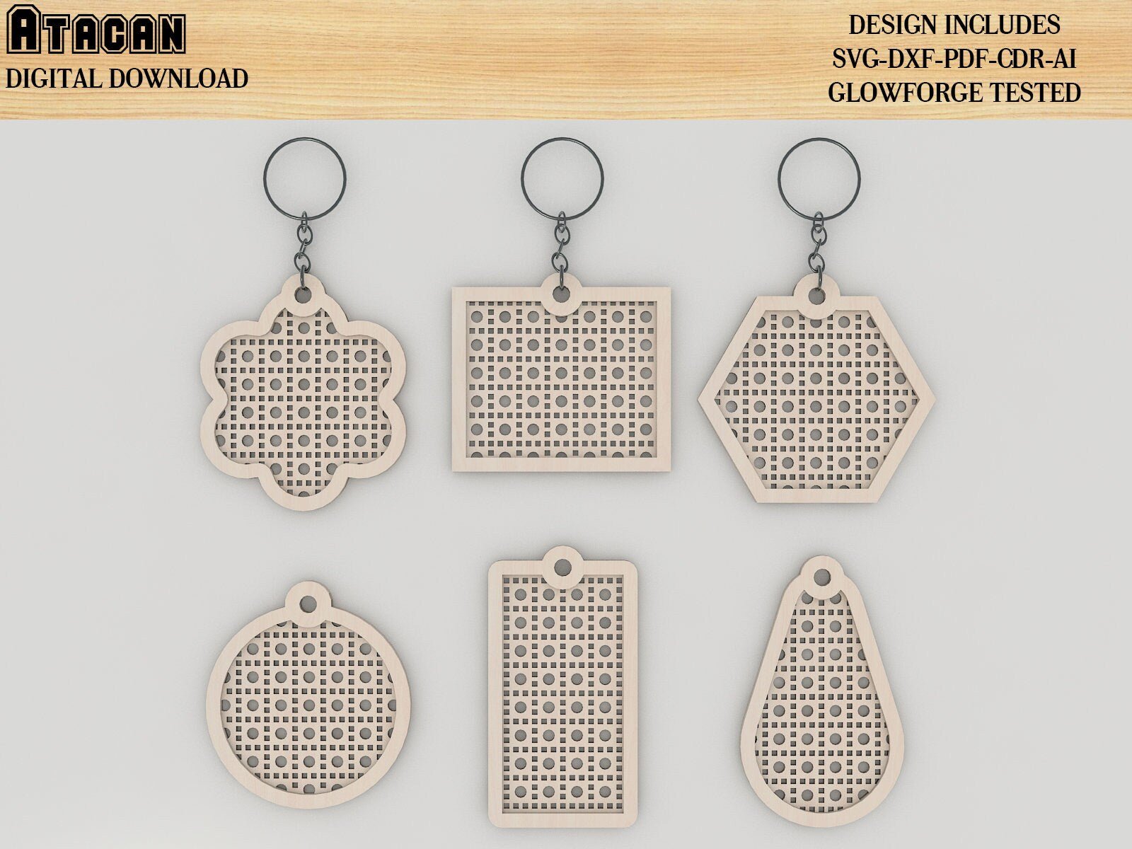 Rattan cane Keychain Designs / Rattan Patterned Keychain Laser cut Svg files / Glowforge Key files 408