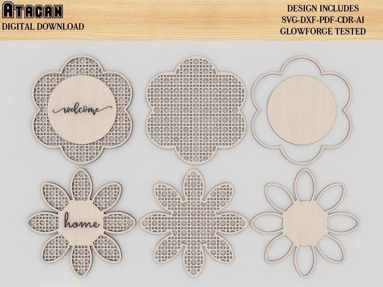 Rattan Flower Digital laser cut file / Boho Rattan Cane Pattern Files / Daisy Glowforge Templates 399