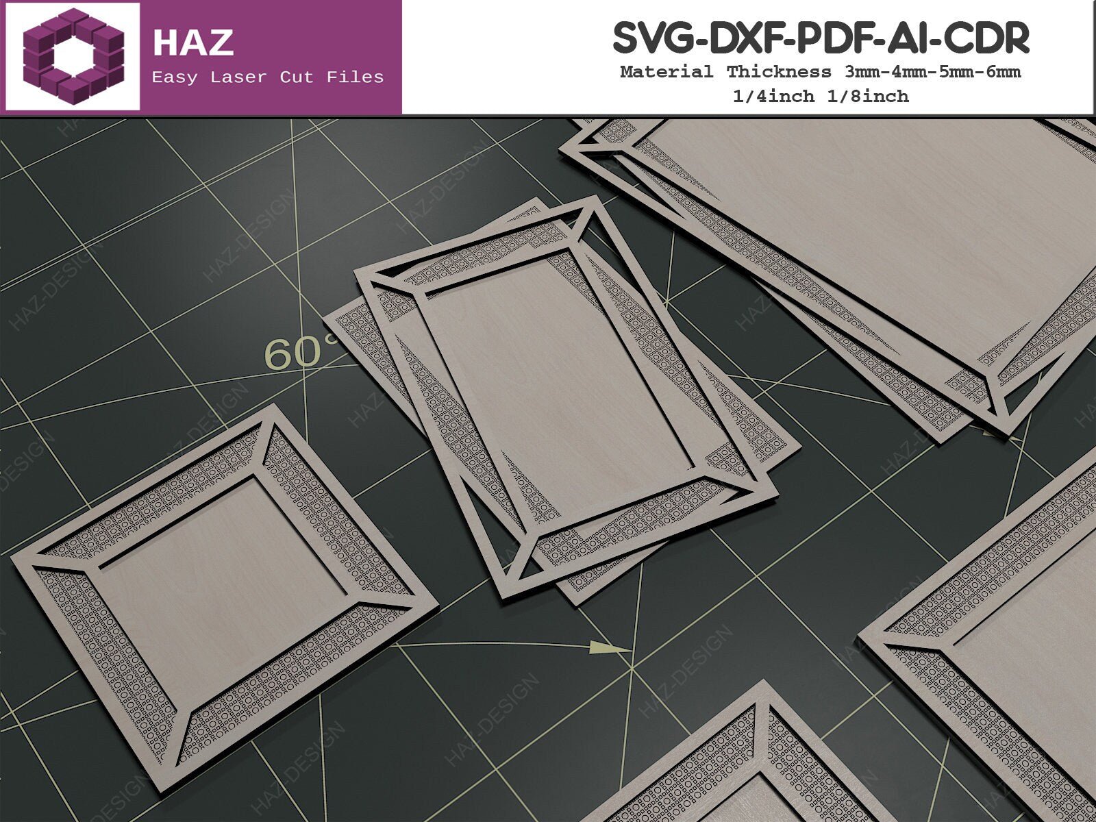 Rattan Photo Frame Bundle 5 Sizes / Cane Pattern Frame Templates / Glowforge Photo Frames SVG DXF CDR Ai 069