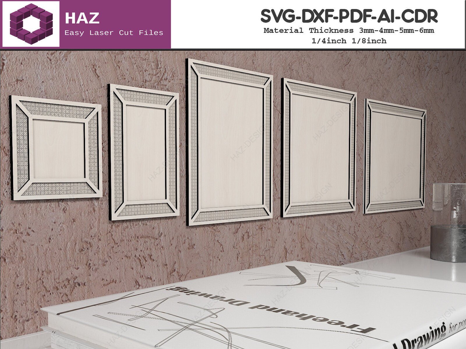 Rattan Photo Frame Bundle 5 Sizes / Cane Pattern Frame Templates / Glowforge Photo Frames SVG DXF CDR Ai 069