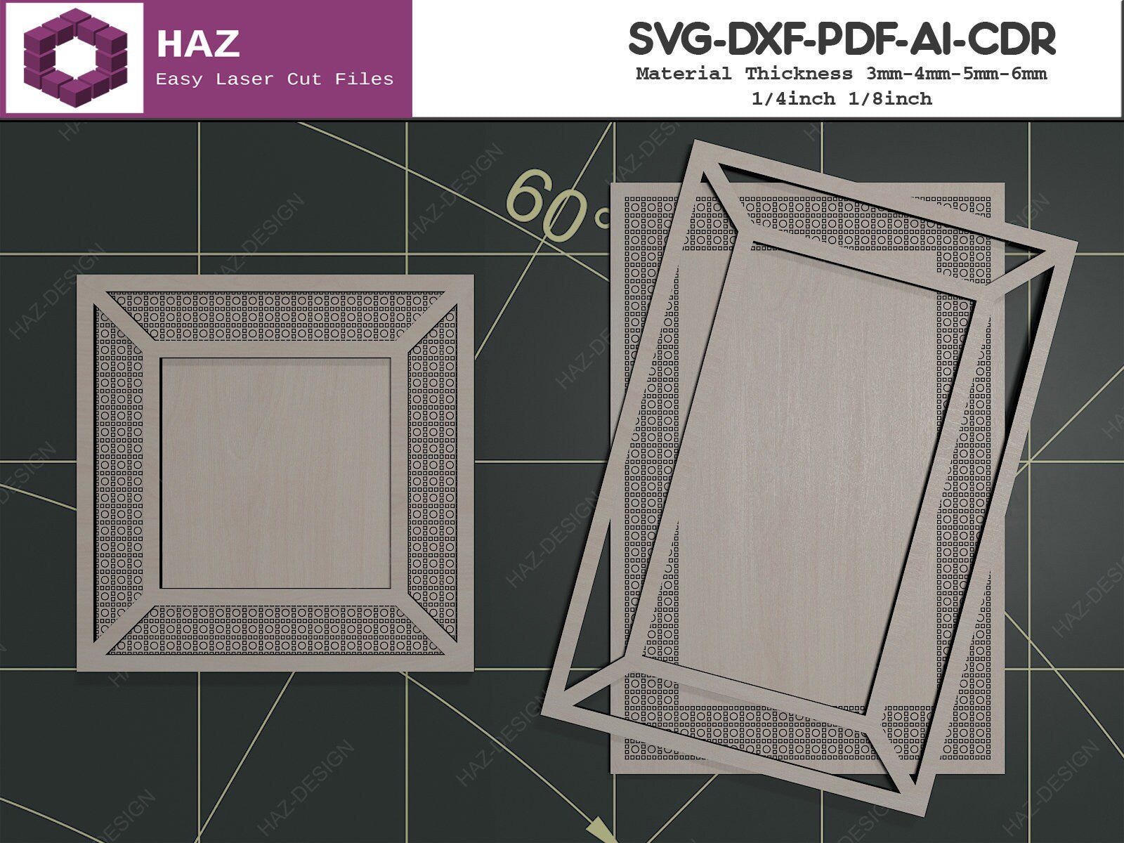 Rattan Photo Frame Bundle 5 Sizes / Cane Pattern Frame Templates / Glowforge Photo Frames SVG DXF CDR Ai 069