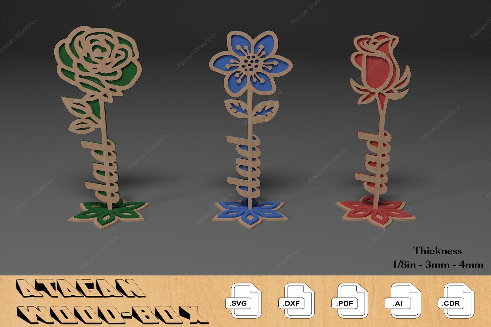 Rose Flowers Laser Cut File / Wood Roses For Mothers Day / Mom Dad Love Anniversary Gift SVG DXF Ai CDR 335