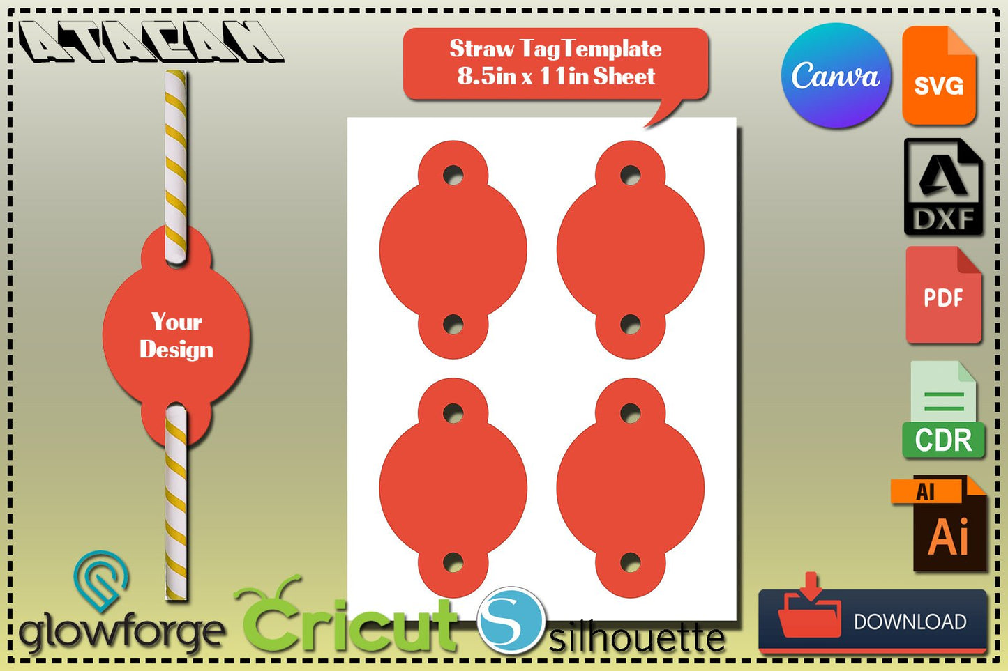 Rounded Straw Tag / Insert Template / Blank Custom Straw Tag / Sublimation Printable / 8.5"x11" sheet Canva SVG DXF Ai CDR 355