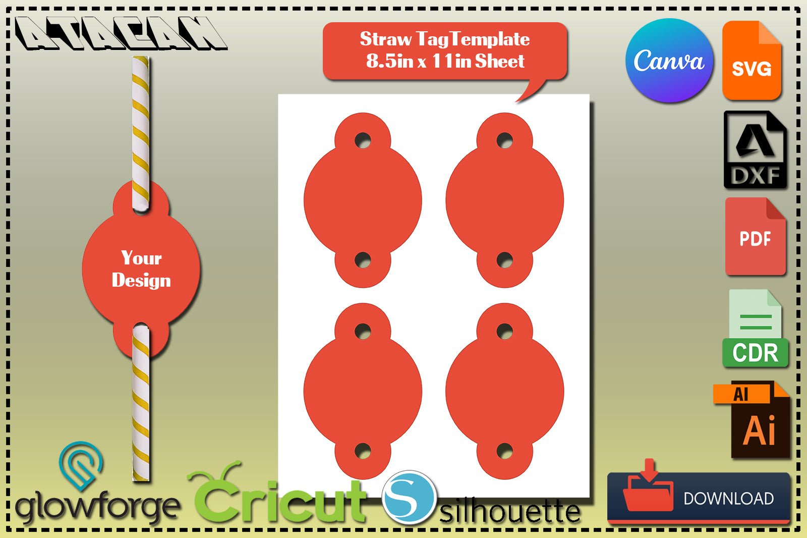 Rounded Straw Tag / Insert Template / Blank Custom Straw Tag / Sublimation Printable / 8.5"x11" sheet Canva SVG DXF Ai CDR 355