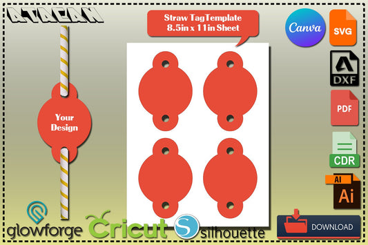 Rounded Straw Tag / Insert Template / Blank Custom Straw Tag / Sublimation Printable / 8.5"x11" sheet Canva SVG DXF Ai CDR 355