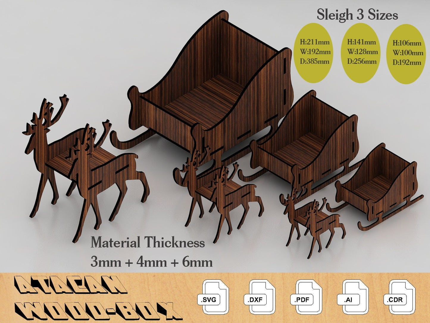 Santa Claus Christmas Sleigh / Deer and sleigh / Noel Decor / Xmas Wooden Reindeer / Glowforge vector 273