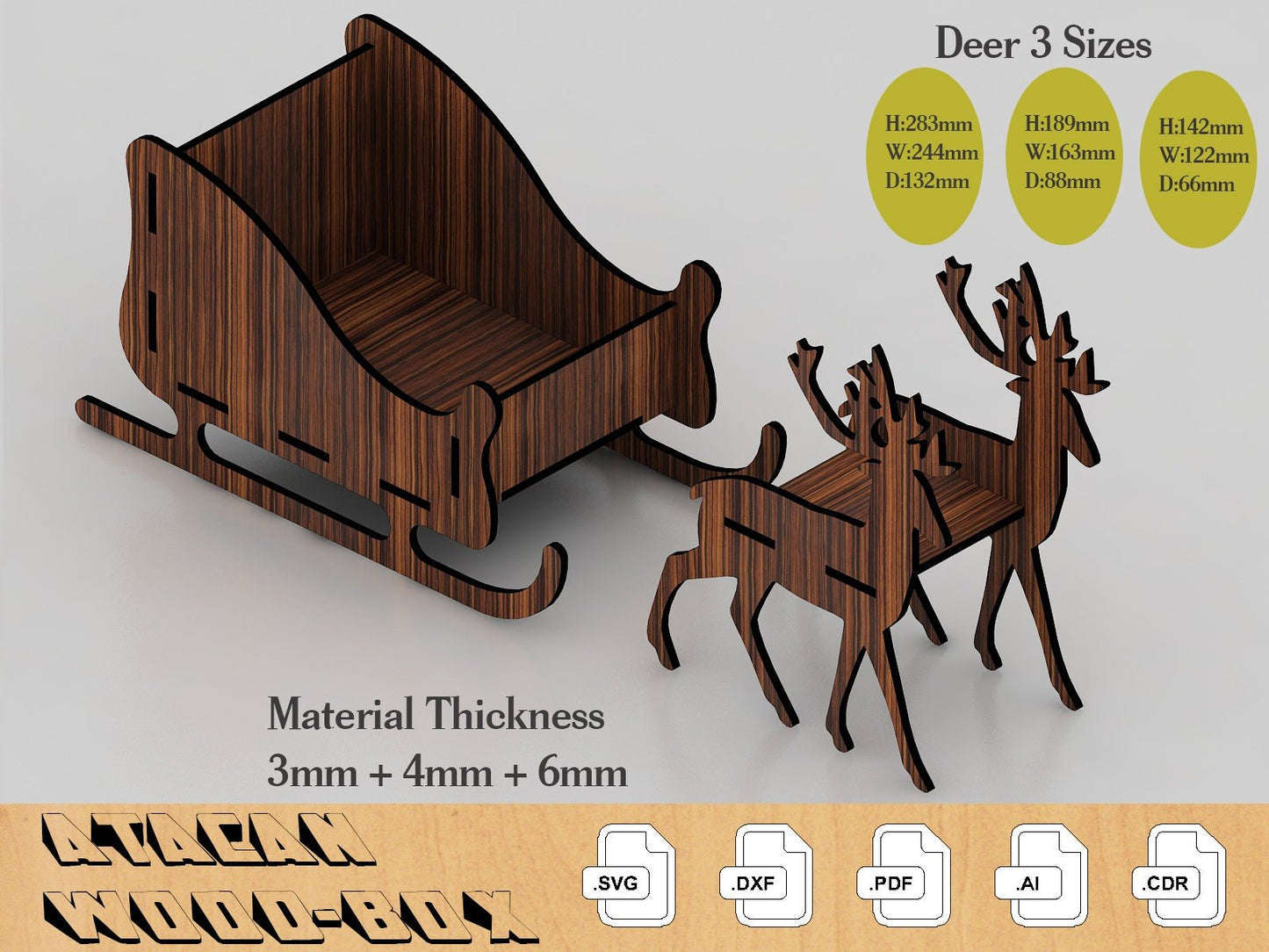 Santa Claus Christmas Sleigh / Deer and sleigh / Noel Decor / Xmas Wooden Reindeer / Glowforge vector 273