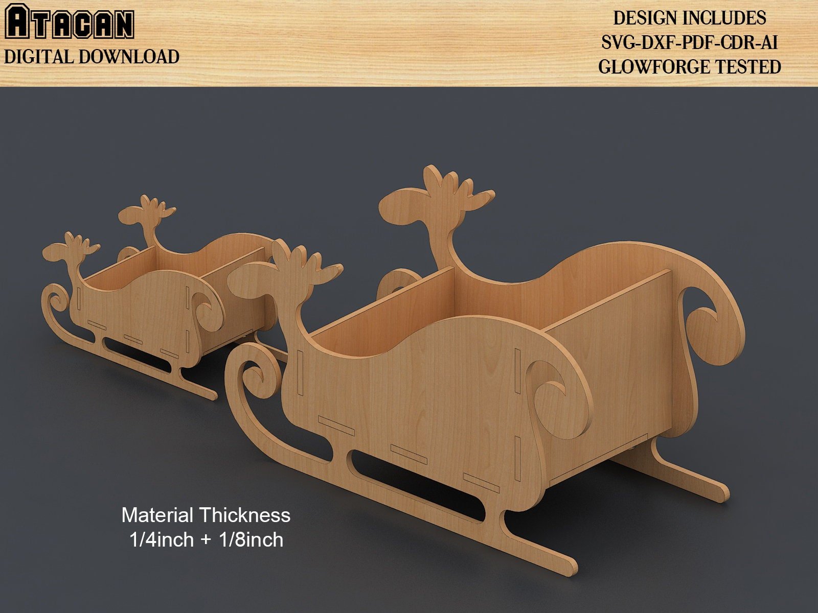 Santa Claus Sleigh Cutting Files / Xmas Home decoration / New year sled / Merry Christmas / Glowforge Wooden Sleighs 474