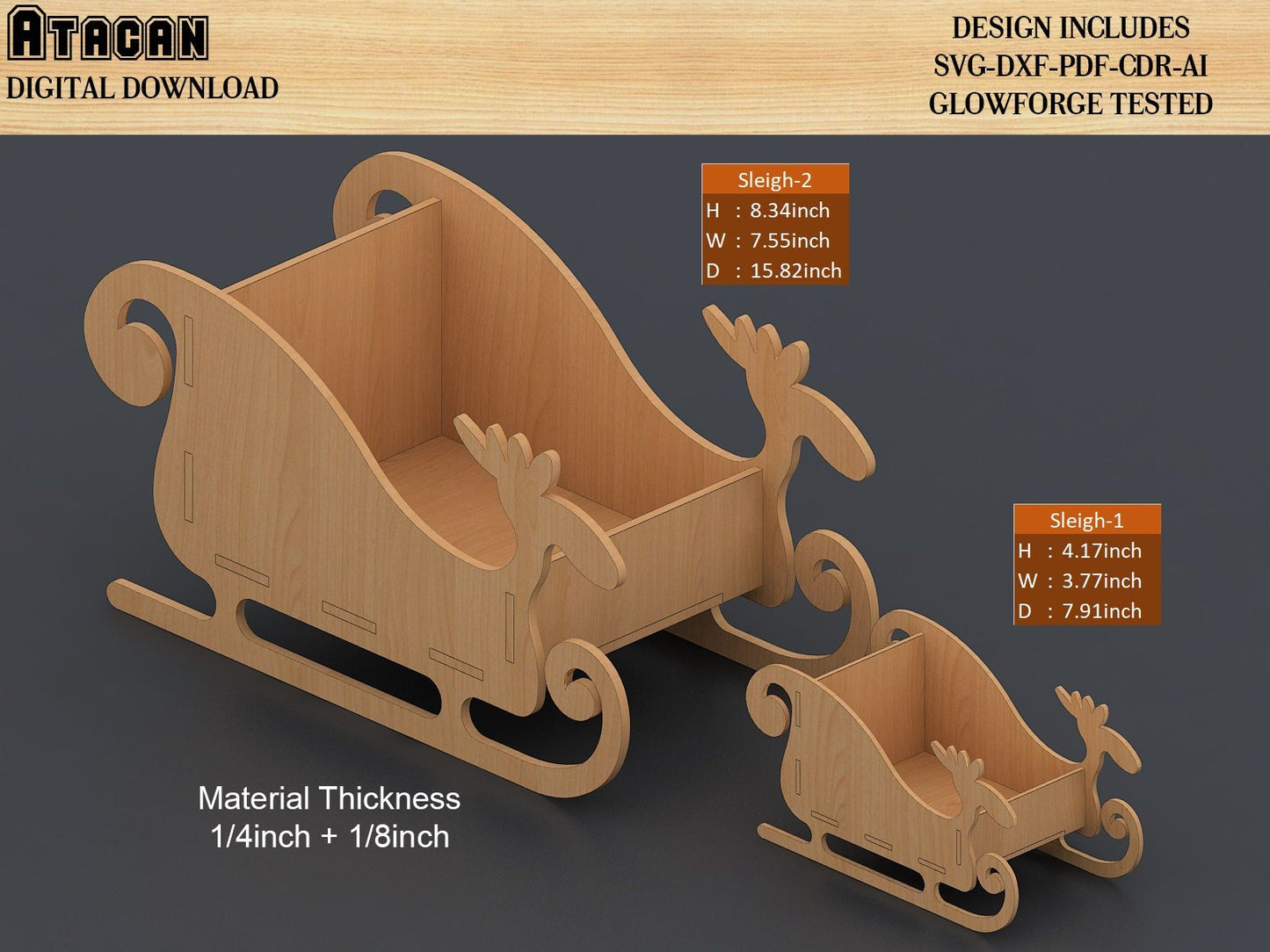 Santa Claus Sleigh Cutting Files / Xmas Home decoration / New year sled / Merry Christmas / Glowforge Wooden Sleighs 474