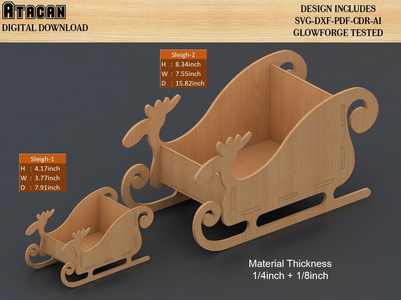Santa Claus Sleigh Cutting Files / Xmas Home decoration / New year sled / Merry Christmas / Glowforge Wooden Sleighs 474