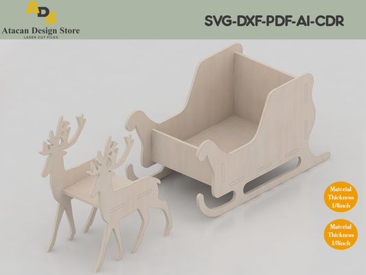 Santa Claus Sleigh Decoration / Sleigh Laser Cut / Wooden Reindeer / Glowforge Lightburn ADS154