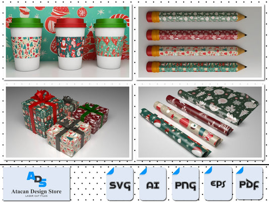 Seamless Vintage Christmas Patterns / Snowflake Santa Christmas Tree Wrap Templates / Xmas Winter Wallpapers Background SVG DXF CDR 350