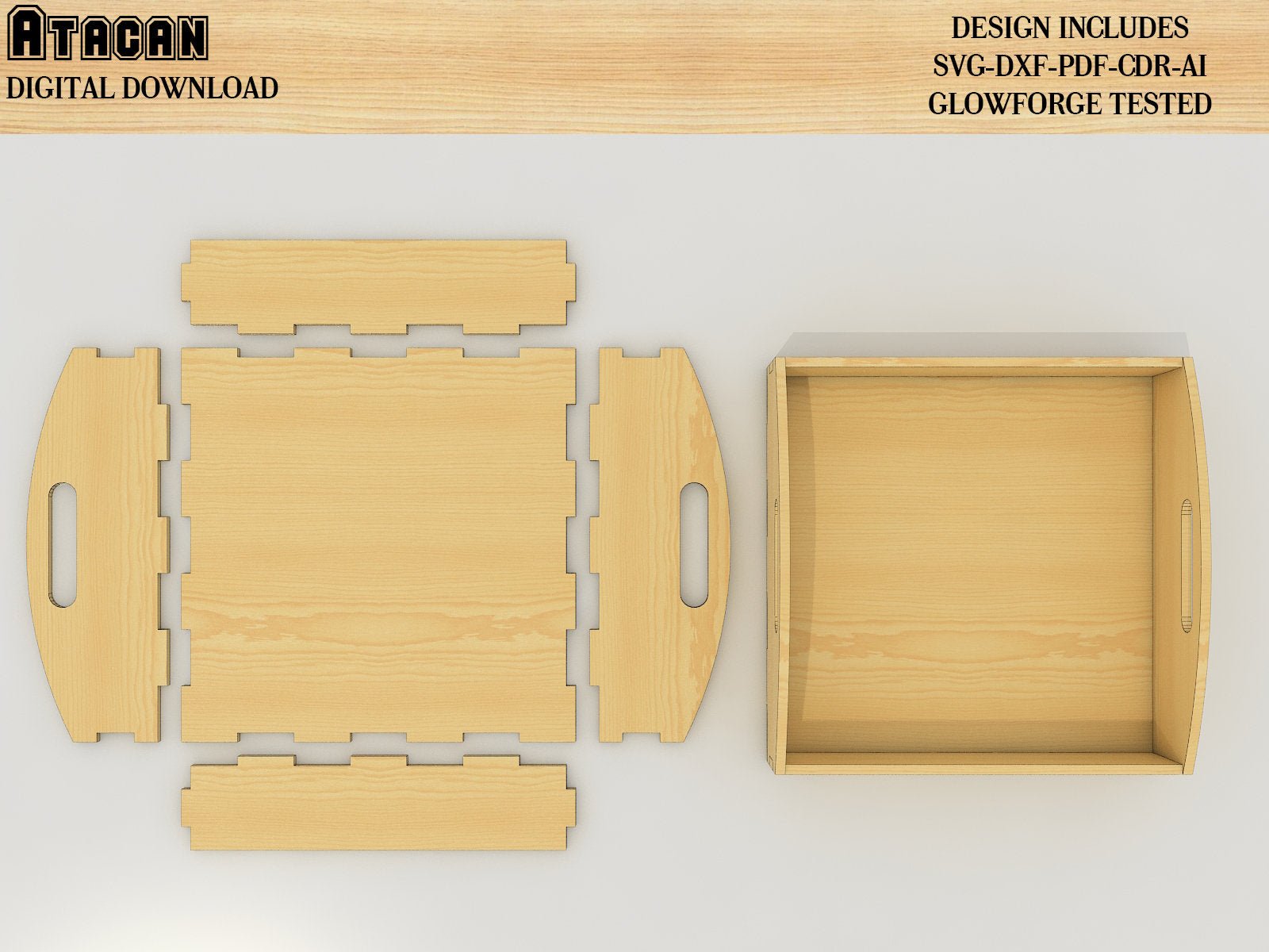 Small Tray Laser Cut Files, Glowforge cut template, Tray with Handles Vector plan, Digital download 313