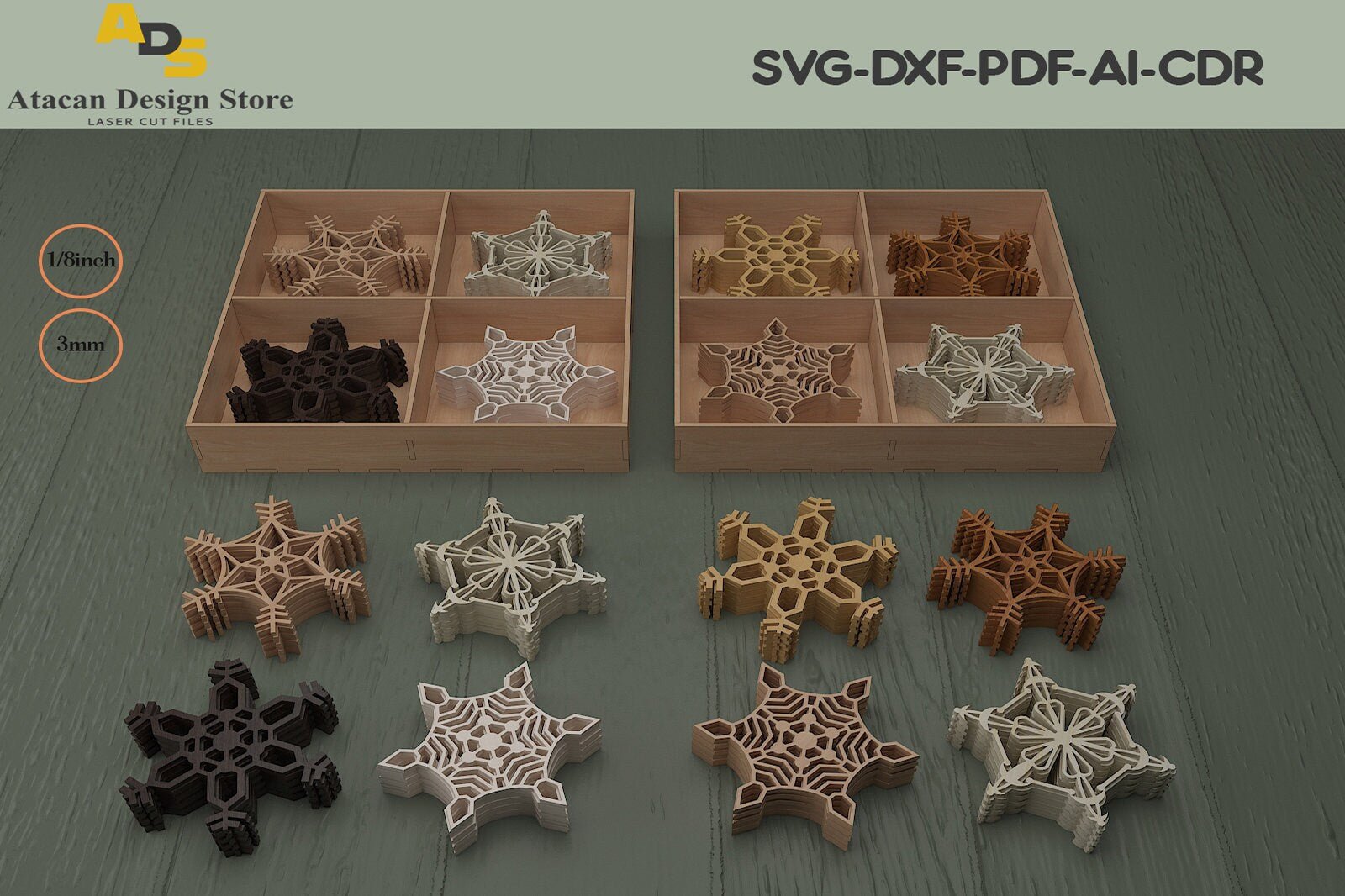 Snowflake Coaster Set / Divided Laser Box and Chtistmas Decors / Snowflake patterns Cutting Files ADS210